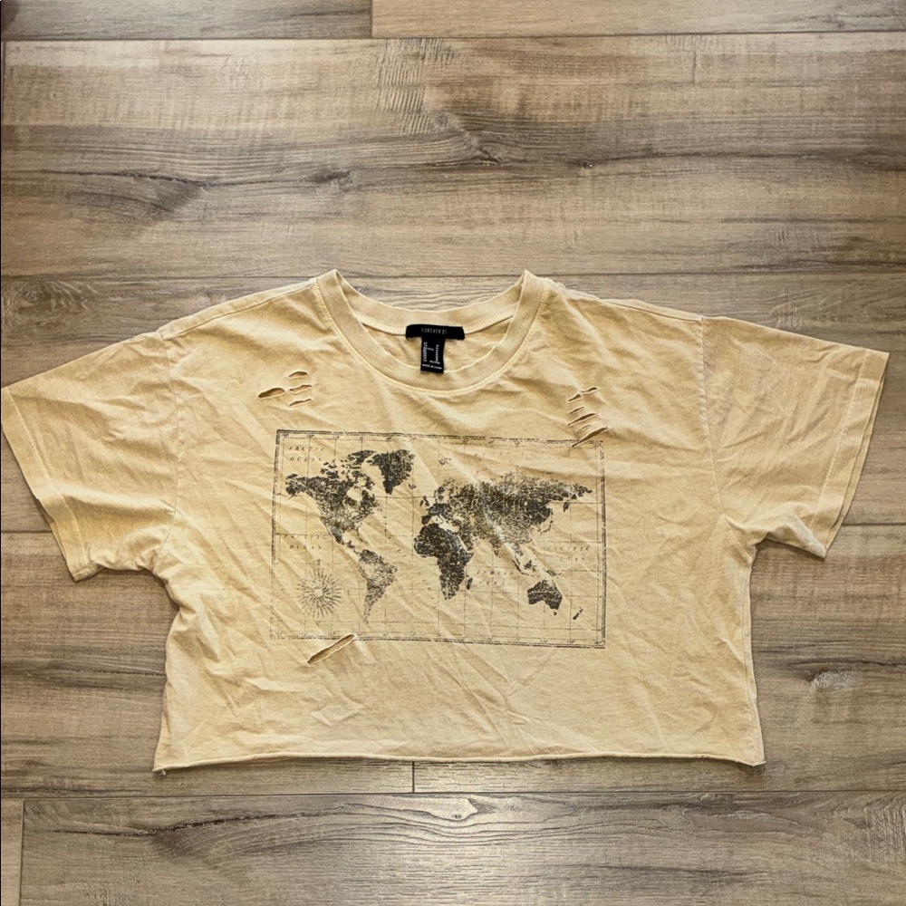 Forever 21 Tan World Map Unhemmed & Rip Holes Crop Top Size M